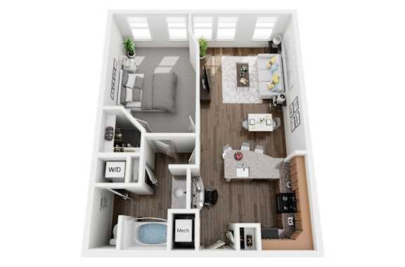1 Bed 1 Bath 746 sf Ortega Floor Plan @ Two Addison Place