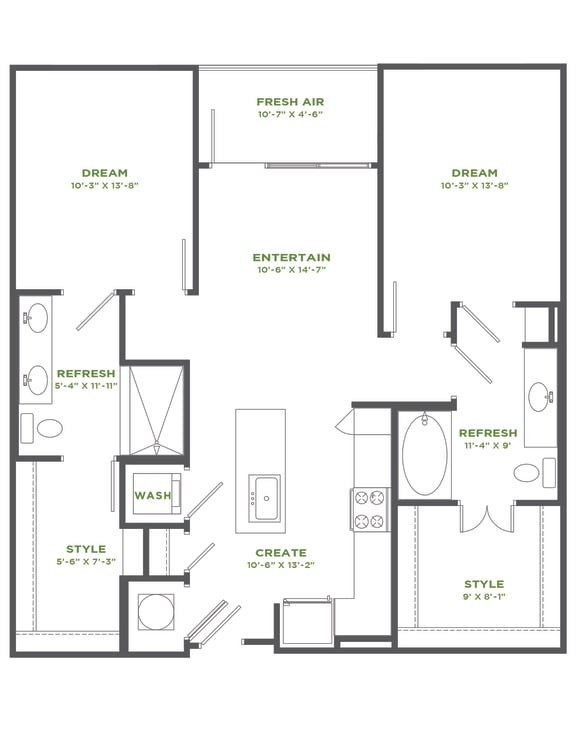 2 Bedroom 2 Bath B3A Floor Plan at Millworks Apartments, Atlanta, GA