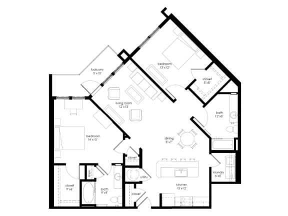 2 Bed 2 Bath C 1,211 sf flat floor plan at Sycamore at Tyvola, North Carolina