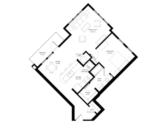 1 Bed 1 Bath B 887 sf flat floor plan at Sycamore at Tyvola, Charlotte, NC, 28217