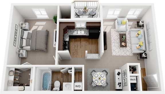 1 bedroom  1 bath non-renovated 3d floor plan at Westwinds Apartments, Annapolis, Maryland