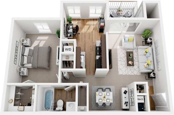1 bedroom  1 bath deluxe non-renovated 3d floor plan at Westwinds Apartments, Annapolis, 21403