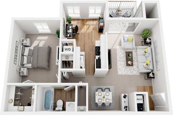 1 bedroom  1 bath deluxe renovated 3d floor plan at Westwinds Apartments, Annapolis, MD, 21403