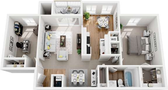 1 bedroom 1 bath ranch w den renovated 3d floor plan at Westwinds Apartments, Annapolis, MD