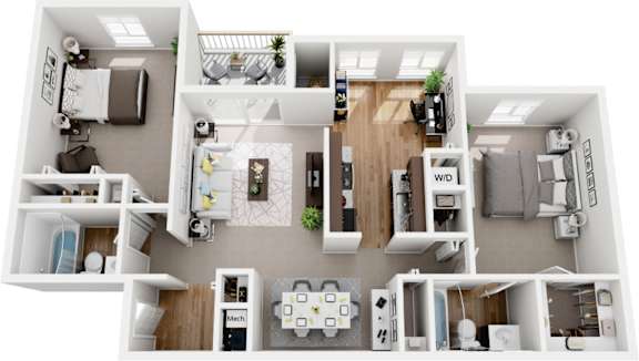 2 bedroom 2 bath twin suites non-renovated 3d floor plan at Westwinds Apartments, Annapolis, 21403