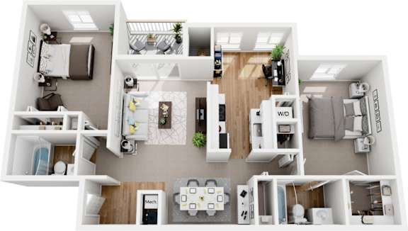 2 bedroom 2 bath twin suites 3d floor plan at Westwinds Apartments, Annapolis, Maryland