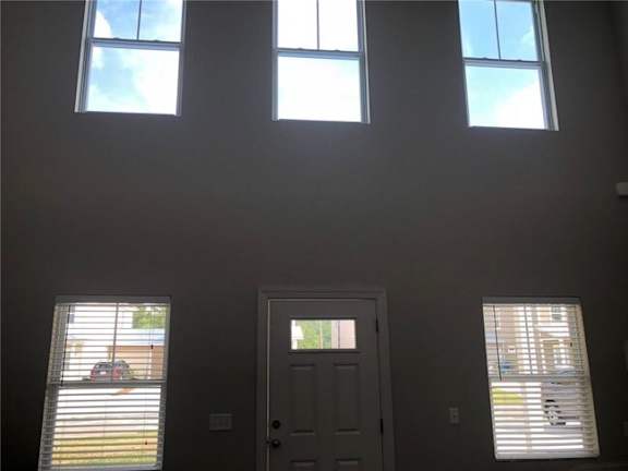 A room with a door, two windows and a ceiling light.