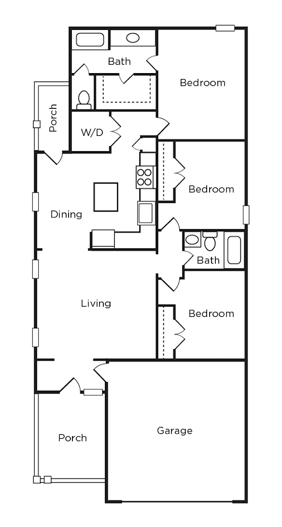 A floor plan of a house with a garage and a porch.