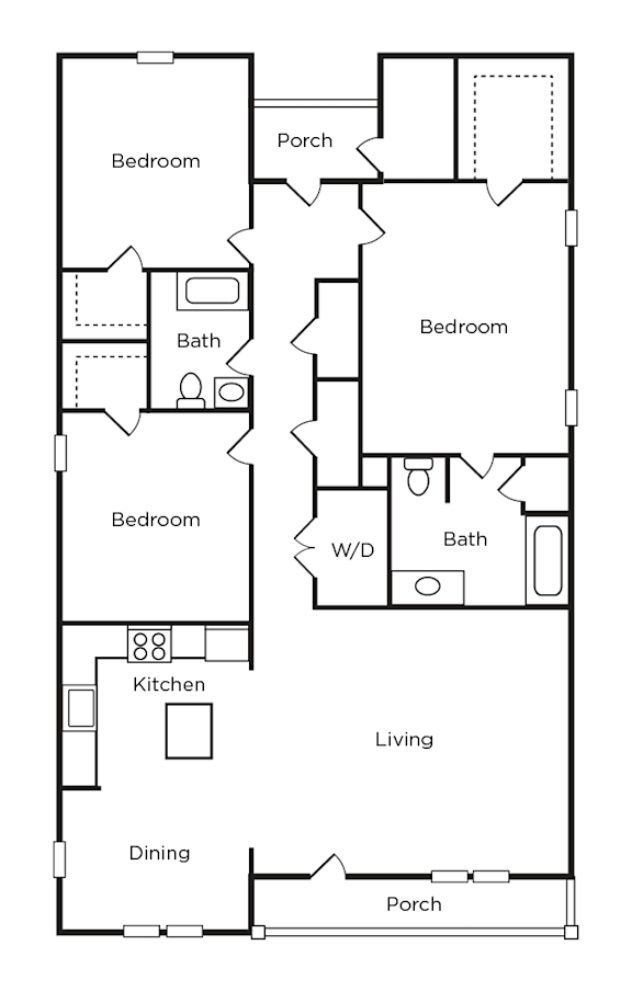 A floor plan of a house with three bedrooms, a living room, a kitchen, a dining area, a bathroom, and a porch.