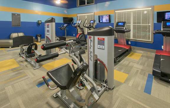 A gym with a row of treadmills and exercise machines.