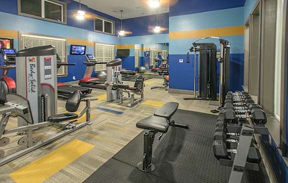 A gym with a variety of equipment including treadmills, weights, and exercise machines.
