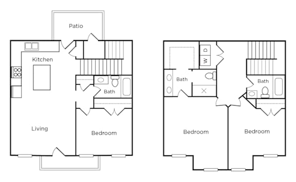A floor plan of a house with two bedrooms, a living room, a kitchen, and a patio.