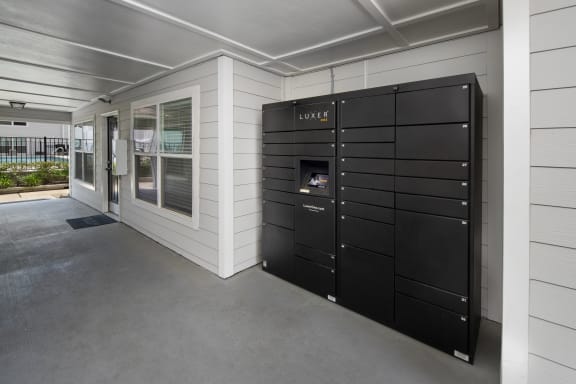 a row of lockers in front of a building