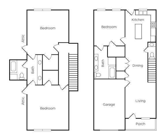 A floor plan of a two bedroom apartment with a garage and a porch.
