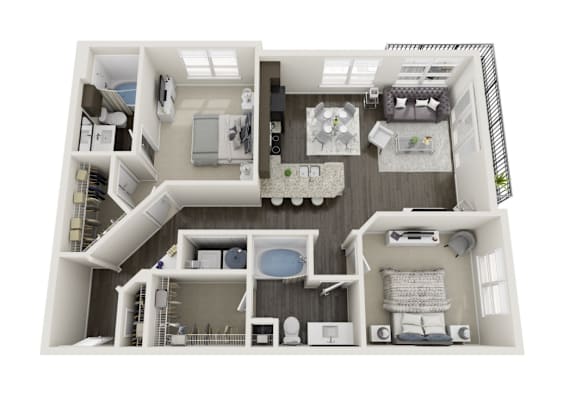 A top-down view of a modern apartment layout.
