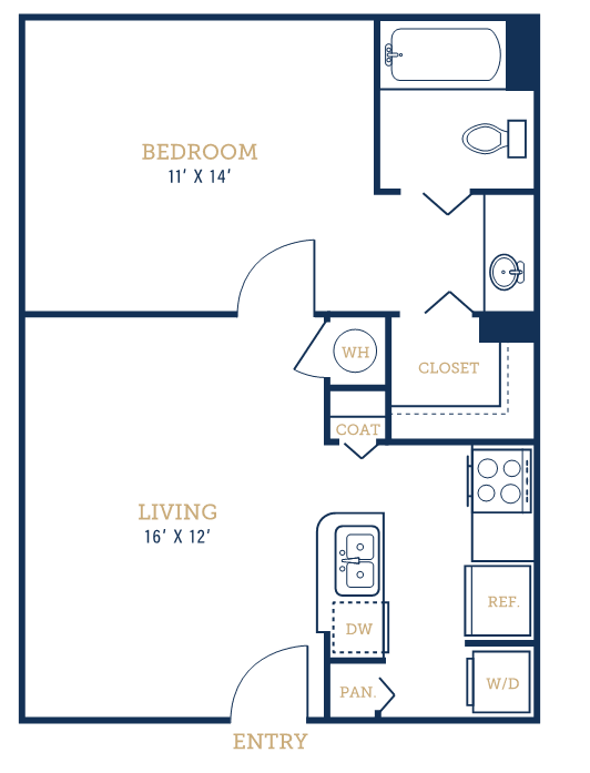 A floor plan of a small apartment with a bedroom, living room, and entry.
