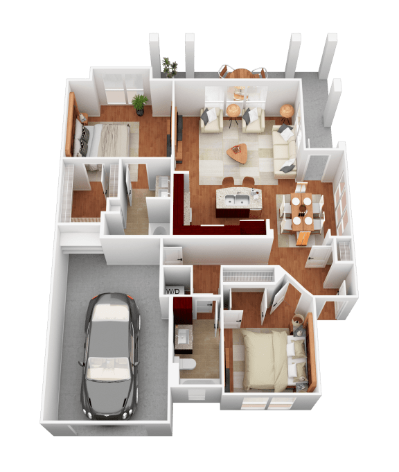 a 3d rendering of a house with a car in the garage