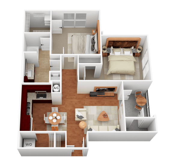 a 3d rendering of a bedroom and living room