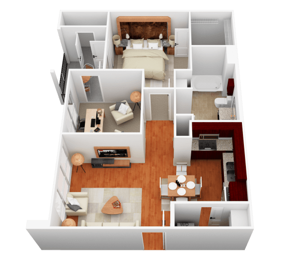 a 3d rendering of a bedroom and living room