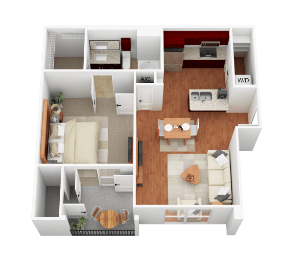 a 3d rendering of a bedroom and living room