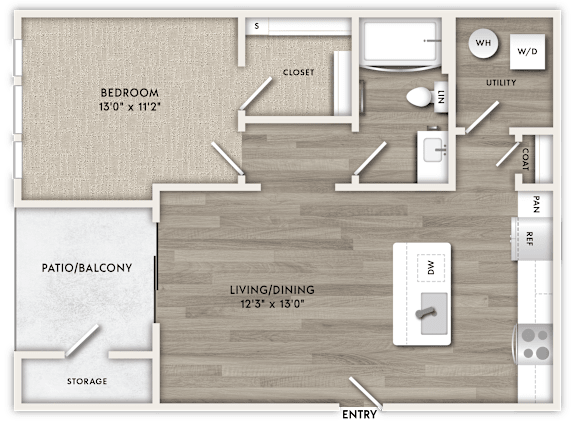 A floor plan of a small apartment with a bedroom, living room, and storage.