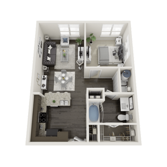A 3D floor plan of a small apartment with a kitchen, living room, and bathroom.