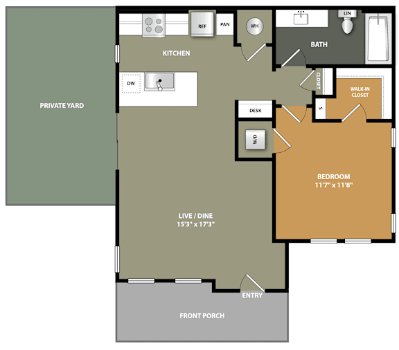 A floor plan of a house with a bedroom, bathroom, kitchen, and living area.