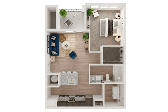 Floor Plan  A top-down view of a small apartment with a living room, kitchen, and bedroom.