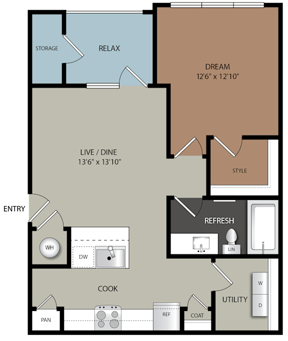 A floor plan of a house with labeled rooms such as RELAX, DREAM, and COOK.