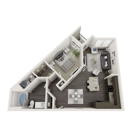 A 3D rendered image of a house layout.