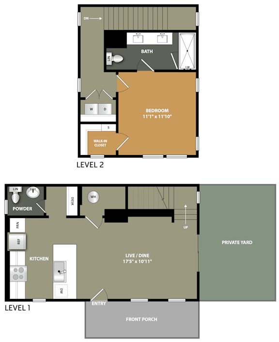A floor plan of a two-story home with a bedroom, bathroom, kitchen, and living area.