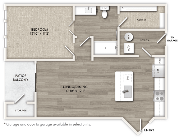 A floor plan of a house with a bedroom, living/dining area, and storage.