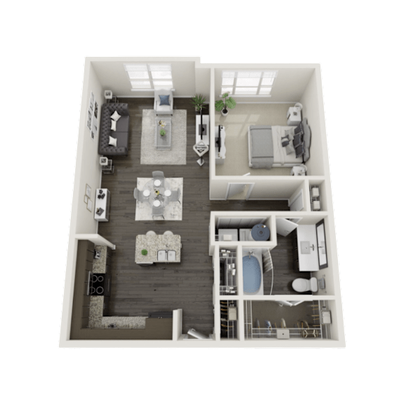 A 3D floor plan of a small apartment with a living room, kitchen, and bathroom.