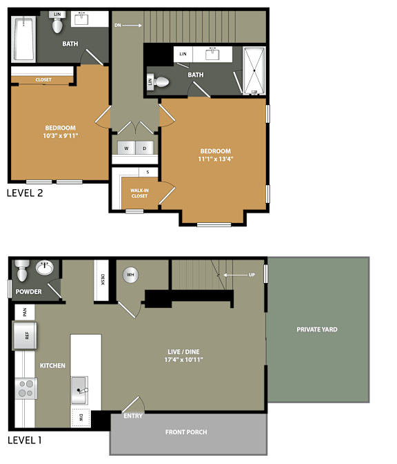 A floor plan of a two-level home with labeled rooms and dimensions.