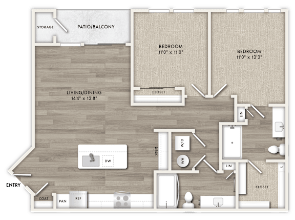 A floor plan of a house with two bedrooms, a living area, and a storage space.