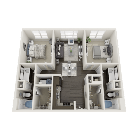 A 3D floor plan of a house with a kitchen, living room, and two bedrooms.