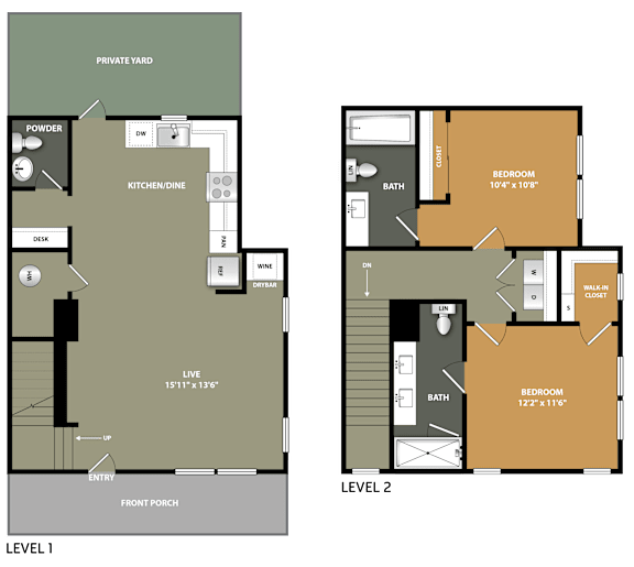 A floor plan shows a two-story home with a private yard, kitchen, dining area, two bedrooms, and a front porch.