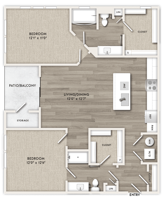 A floor plan of a home with two bedrooms, a living/dining area, and a storage space.