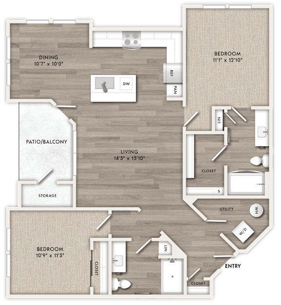 A floor plan of a home with a dining area, two bedrooms, a patio, a storage area, a closet, a utility space, and an entry way.