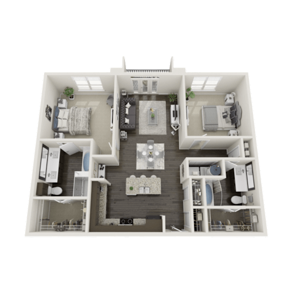 A 3D floor plan of a house with a kitchen, living room, and two bedrooms.