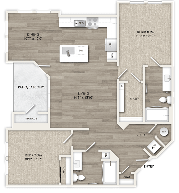 A floor plan of a home with a dining area, two bedrooms, a living room, and a patio.
