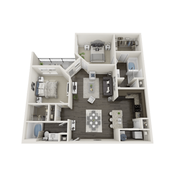 A 3D floor plan of a house layout.