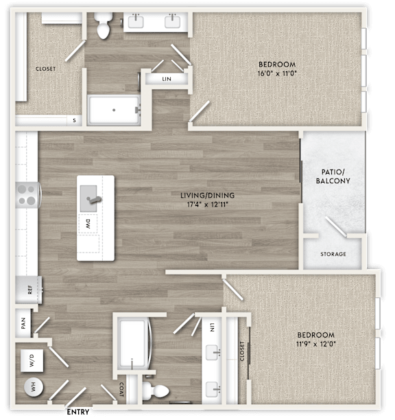 A floor plan of a home with two bedrooms, a living area, and a bathroom.
