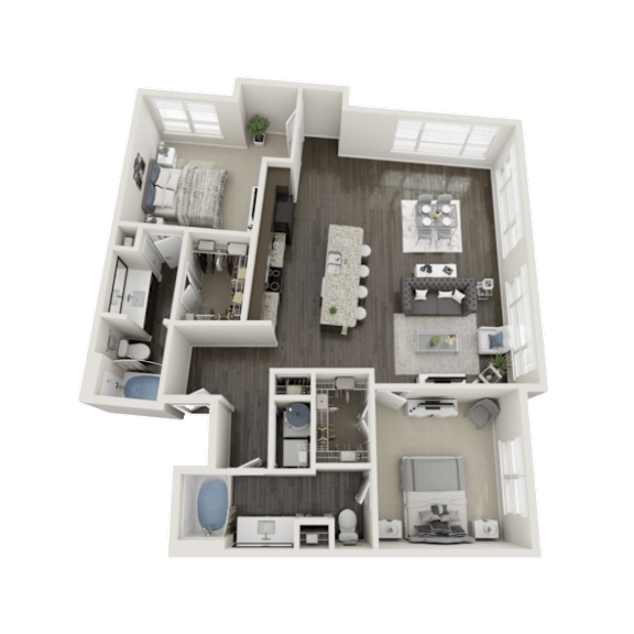 A 3D rendered image of a house layout.