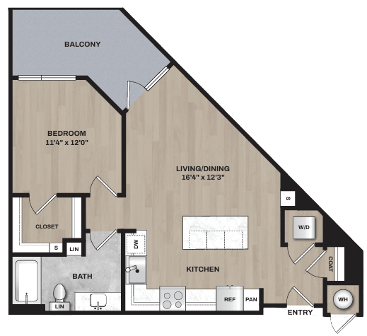 A floor plan of a house with a balcony, bedroom, living/dining area, kitchen, bathroom, and closet.