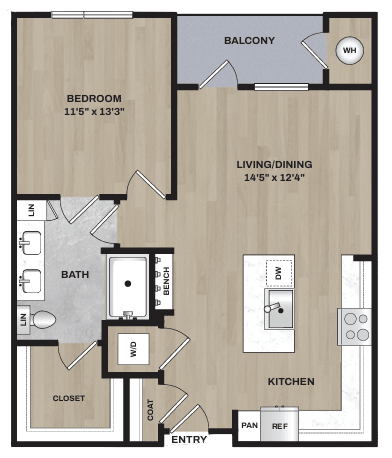 A floor plan of an apartment with a bedroom, living/dining area, kitchen, bathroom, and closet.