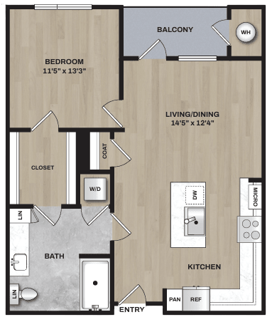 A floor plan of an apartment with a bedroom, bathroom, living/dining area, kitchen, and closet.