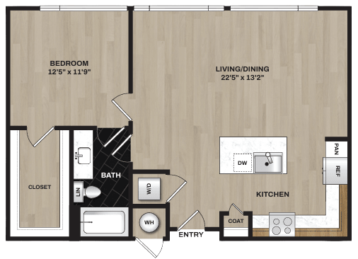 A floor plan of a small apartment with a bedroom, living/dining area, kitchen, bath, and closet.
