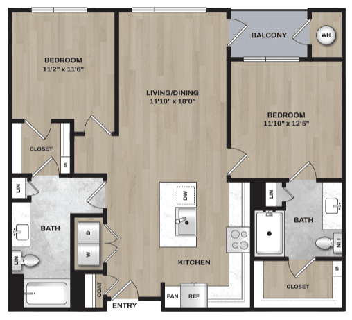 A floor plan of a home with a balcony, two bedrooms, a living/dining area, a kitchen, two bathrooms, and a closet.