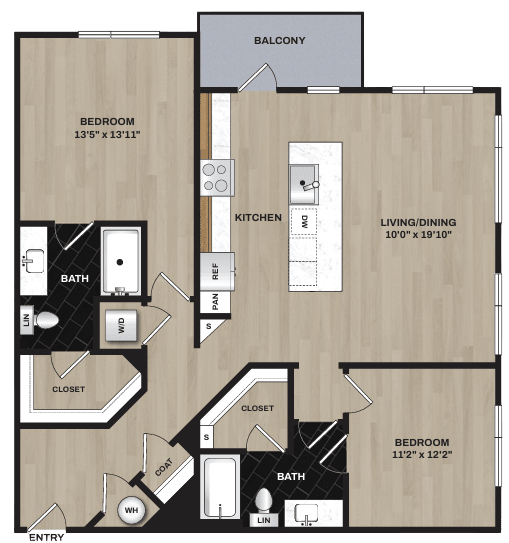 A floor plan of an apartment with two bedrooms, a balcony, a kitchen, a living/dining area, and a bathroom.